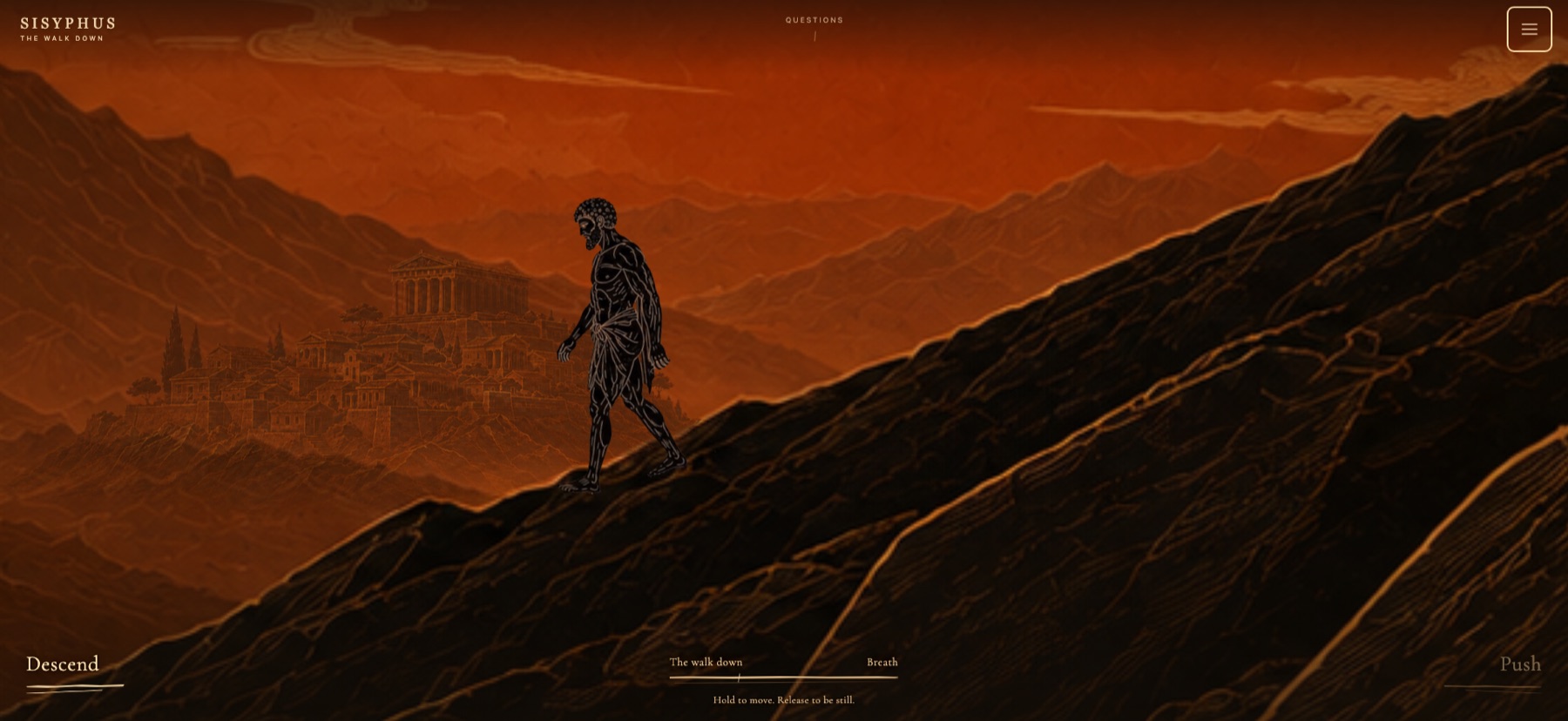 Sisyphus walks down past a memory of Corinth