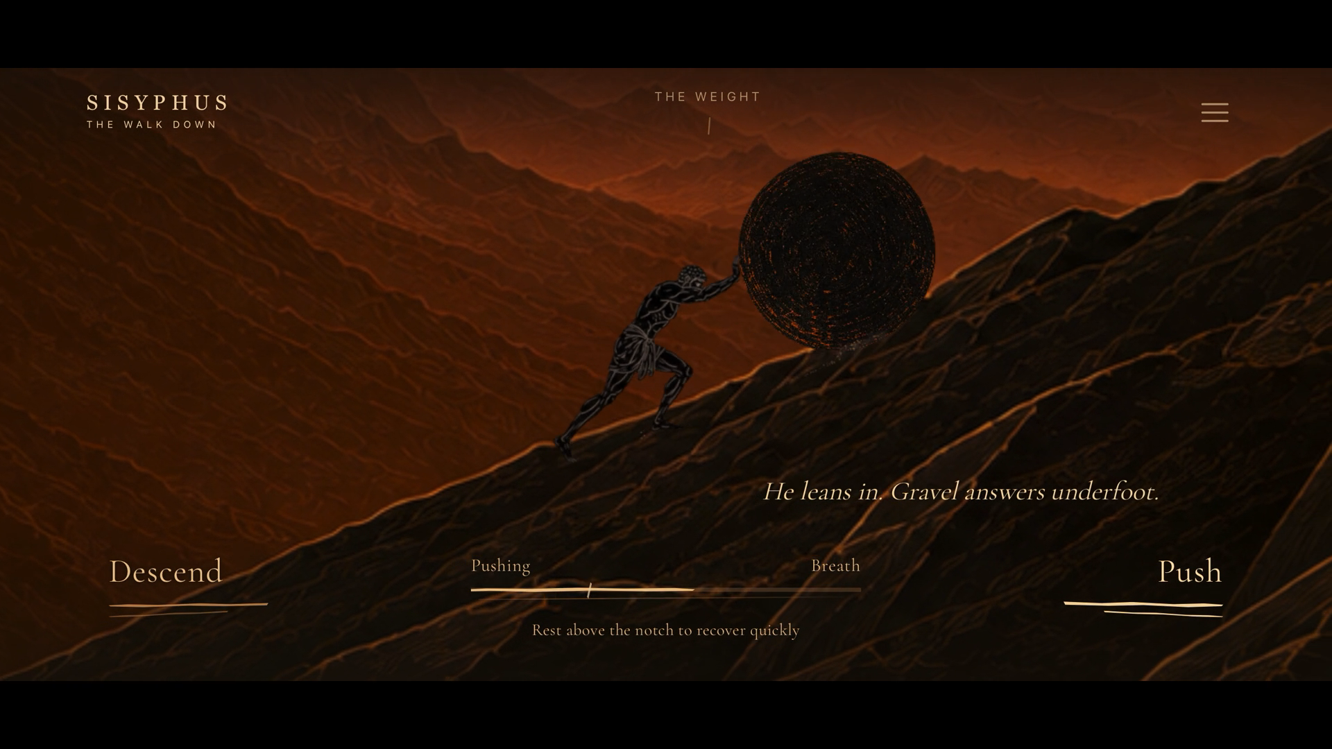 Sisyphus braces against the stone on an ochre mountain slope